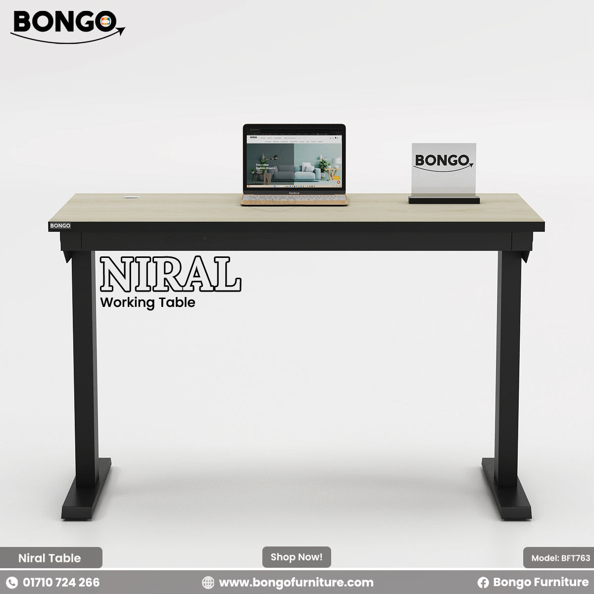 Niral working table with a laptop and Bongo branding on a white background