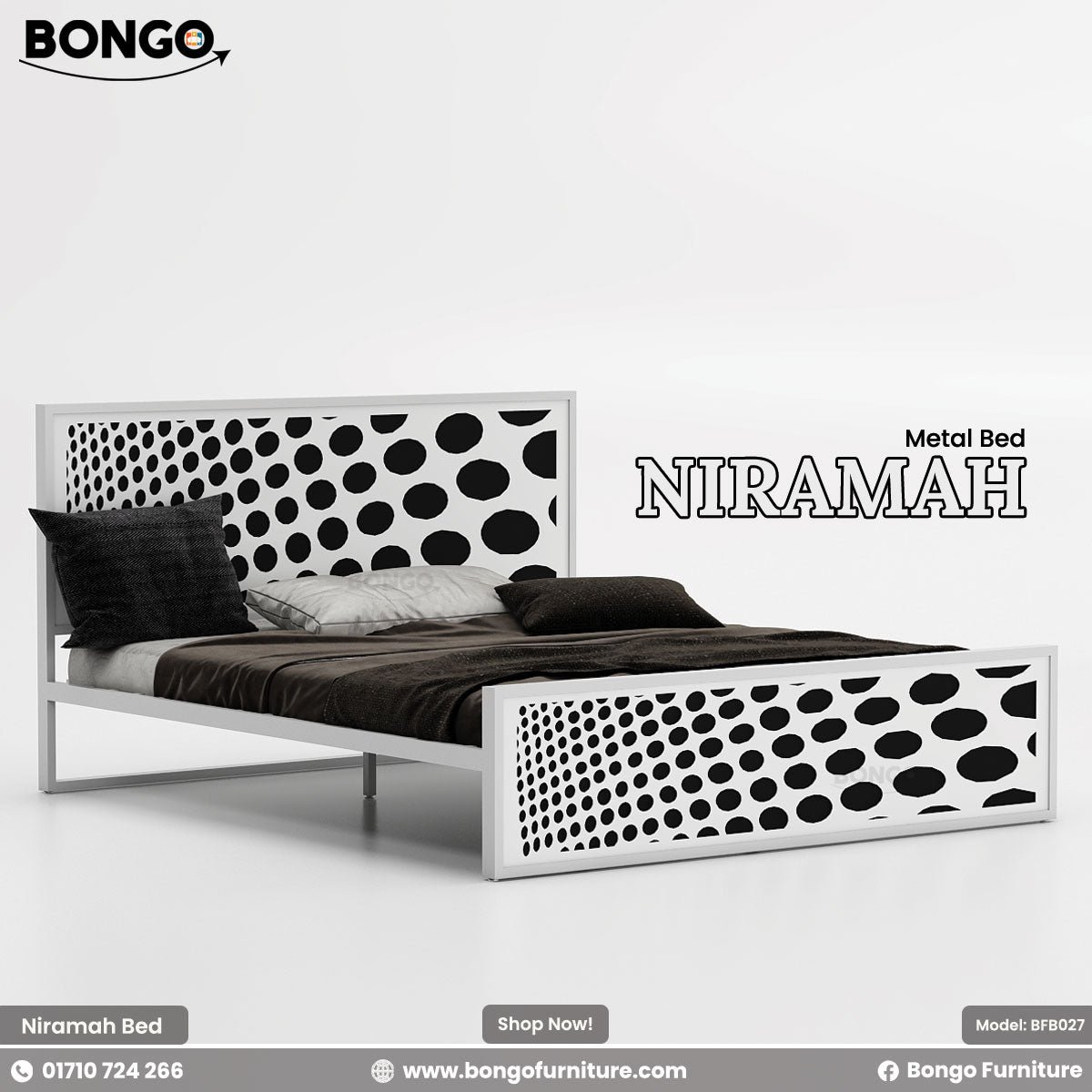 A promotional image of the "NIRAMAH Metal Bed" by Bongo, presented in a high-contrast black and white graphic design. The modern metal bed frame is finished in solid white. The tall, rectangular headboard and matching lower footboard feature a bold pattern of black circles on a white background. The circles gradually increase in size from one side to the other, creating a dynamic gradient or optical illusion effect. The bed is styled with dark grey and brown bedding.