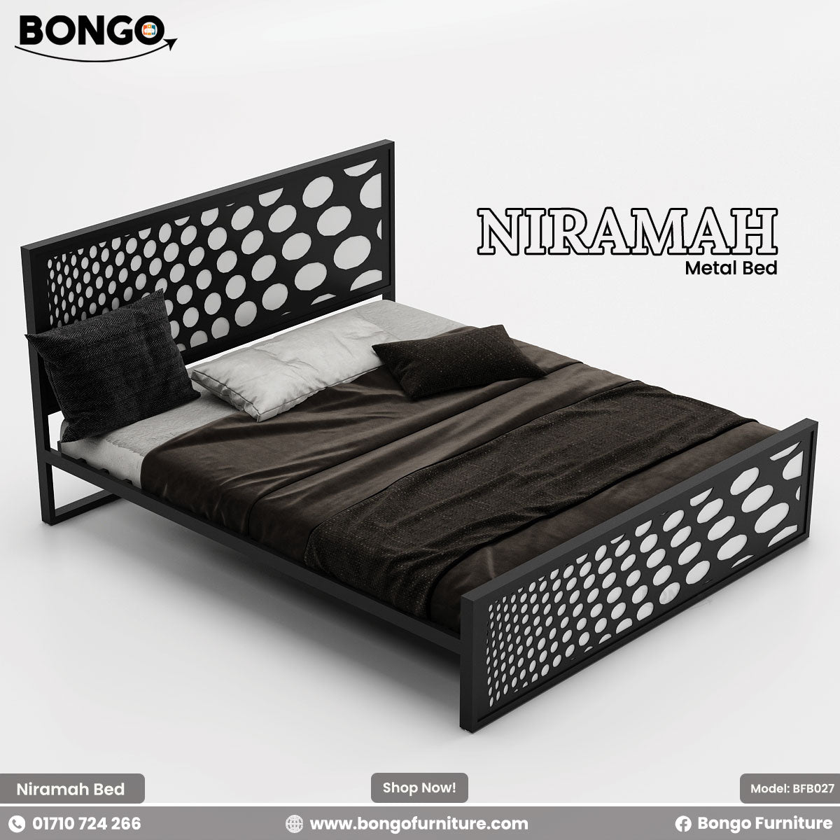 A promotional image of the "NIRAMAH Metal Bed" by Bongo. The modern bed frame is constructed from black metal and features a distinctive design. Both the tall, rectangular headboard and the matching lower footboard have a decorative laser-cut pattern of circles that gradually increase in size from left to right, creating a gradient polka-dot effect. The bed is styled with dark brown and grey bedding and is set against a plain, light grey background.