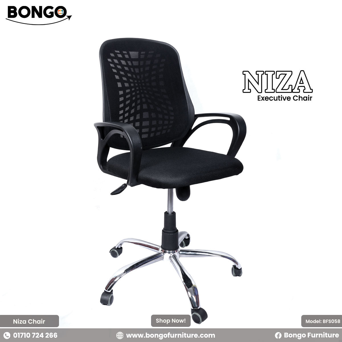 Black office chair with chrome base on a white background, featuring the Bongo Furniture brand.