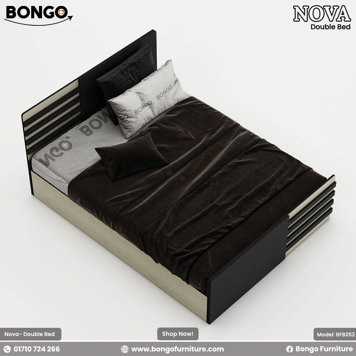 A modern queen-size bed with a water-resistant laminate finish in a contemporary style, featuring a white and brown color scheme.