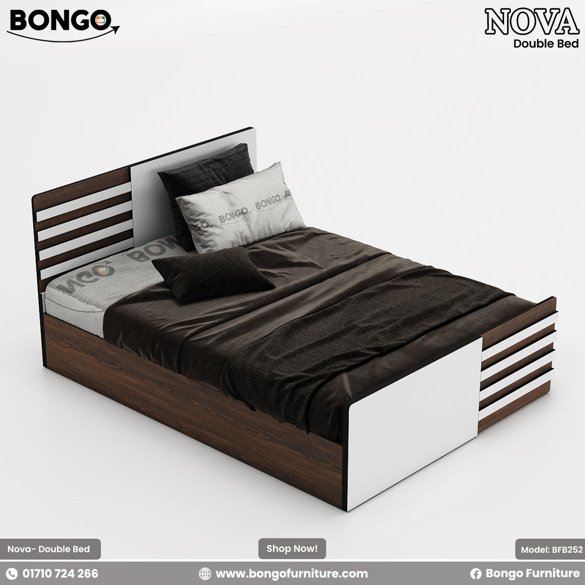 A modern queen-size bed with a water-resistant laminate finish in a contemporary style, featuring a white and brown color scheme.
