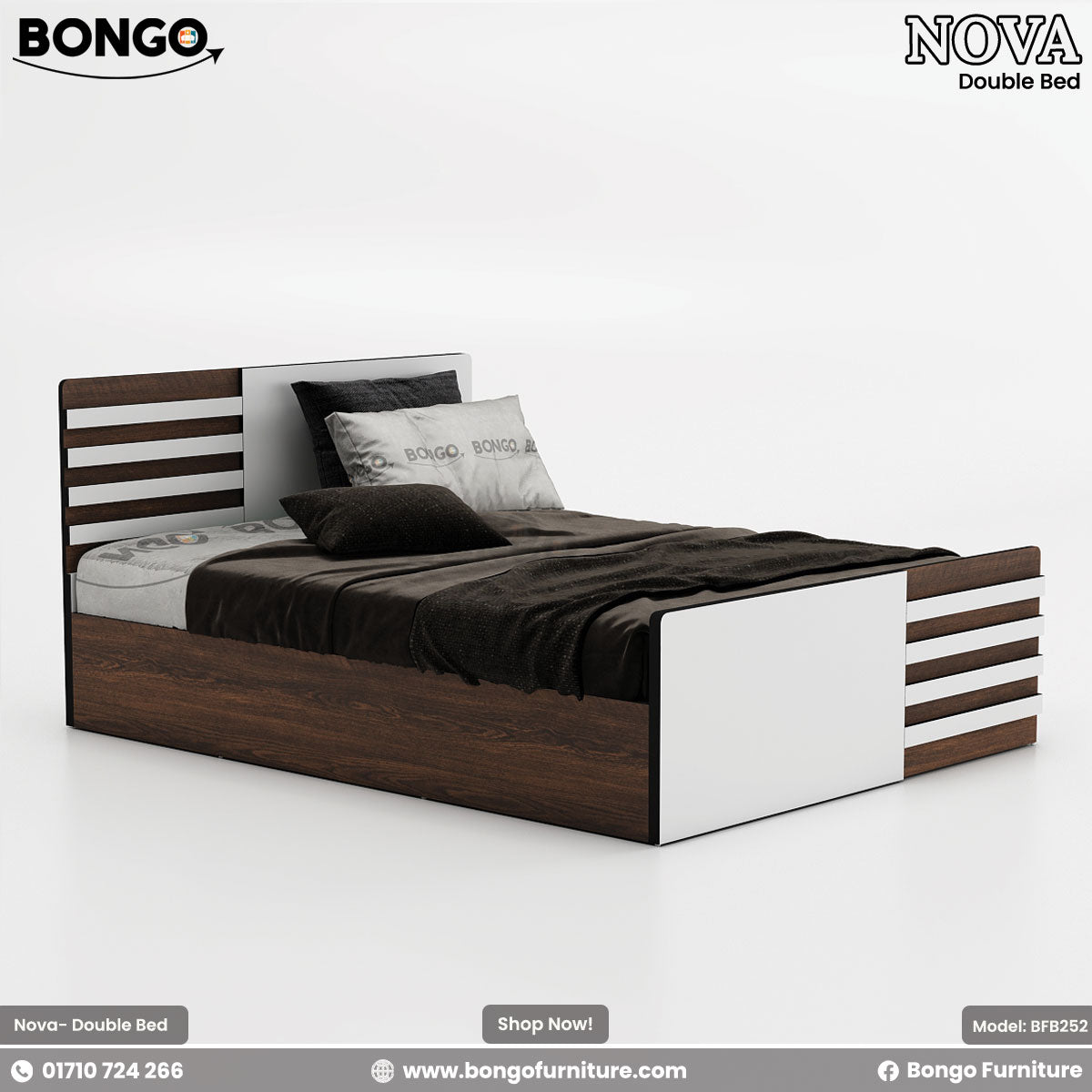A modern queen-size bed with a water-resistant laminate finish in a contemporary style, featuring a white and brown color scheme.