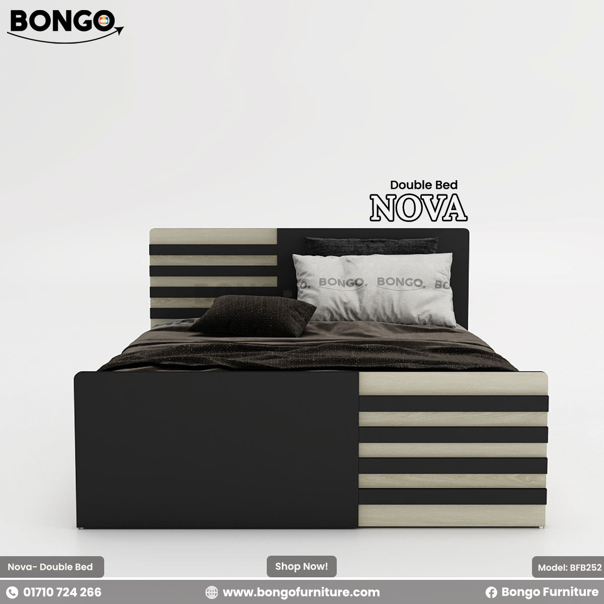 A modern queen-size bed with a water-resistant laminate finish in a contemporary style, featuring a white and brown color scheme.