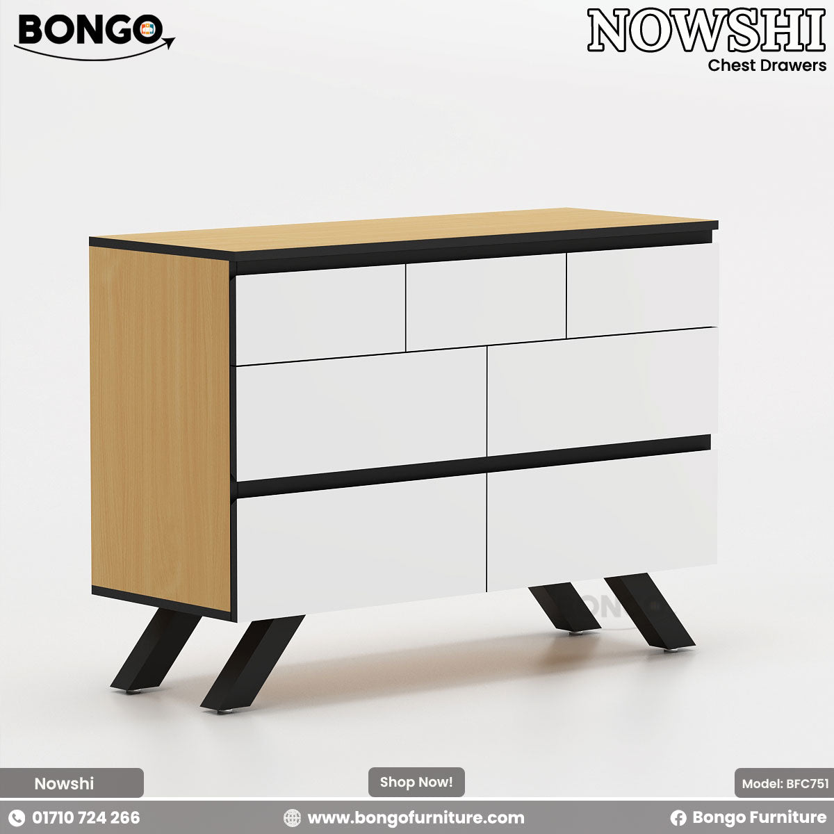 A Nowshi chest of drawers with a combination of light Water Resistant Strong Laminated Board and white color, featuring heavy-duty metal legs and a sleek design.