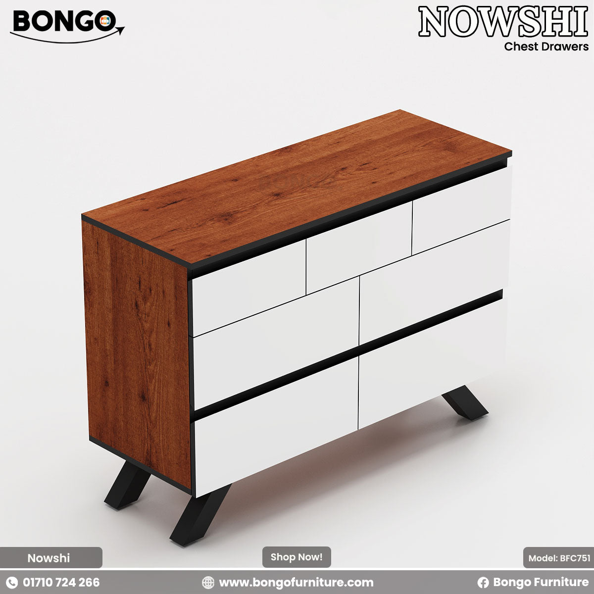 A Nowshi chest of drawers with a combination of light Water Resistant Strong Laminated Board and white color, featuring heavy-duty metal legs and a sleek design.