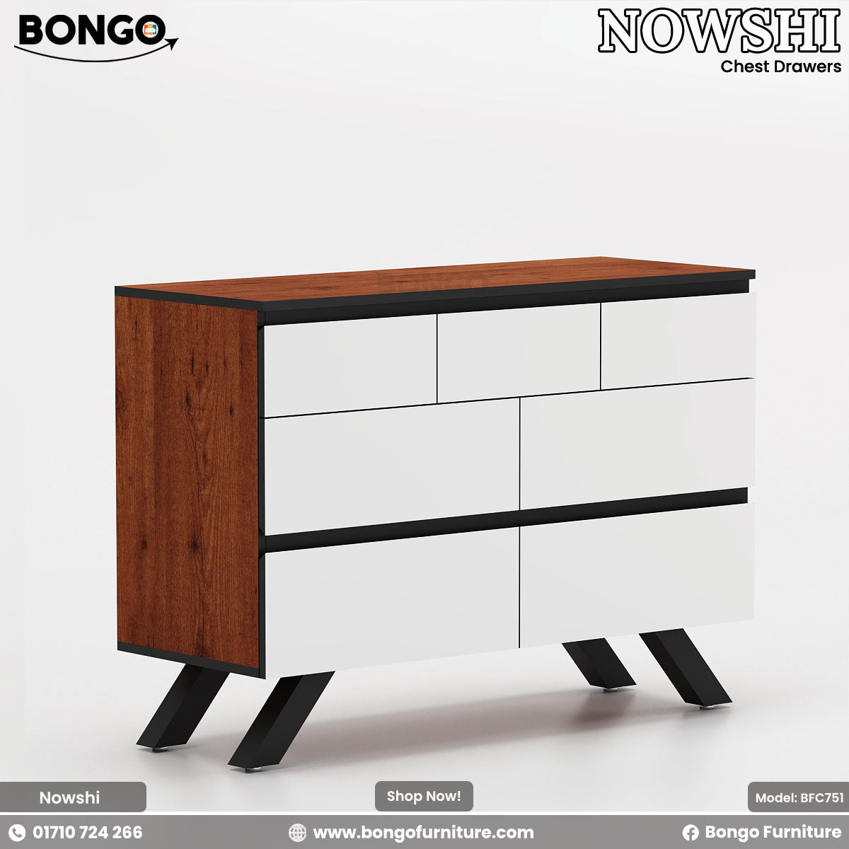 A modern chest of drawers featuring a warm Water Resistant Strong Laminated Board frame, glossy white handleless drawer fronts, and angled black metal legs. The drawers are arranged in an asymmetrical, geometric pattern with black accent lines. The piece is shown against a plain background.