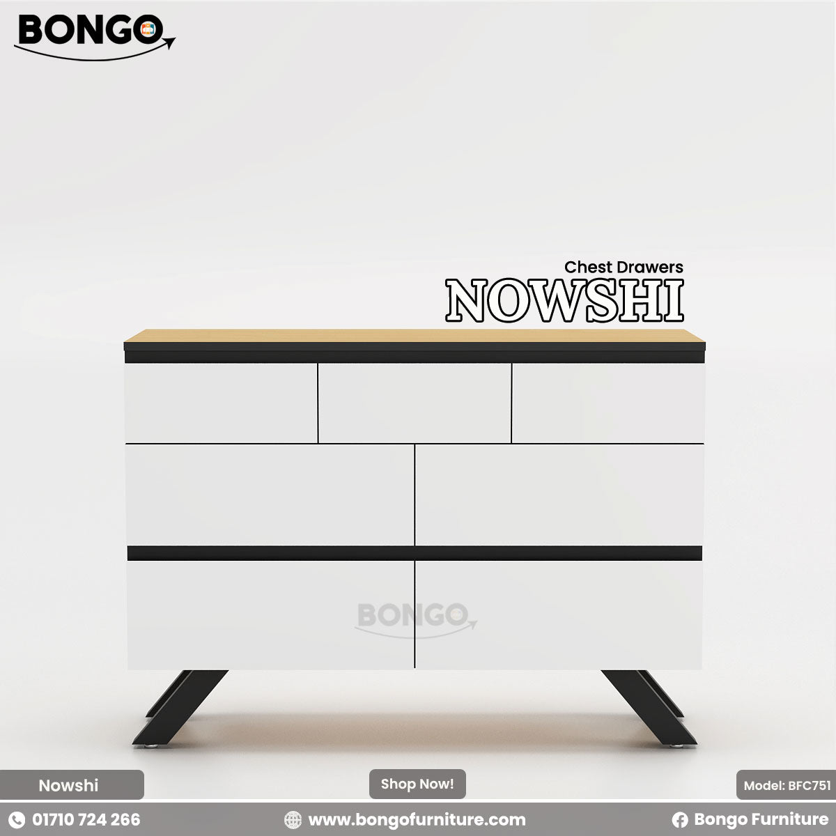 A Nowshi chest of drawers with a combination of Water Resistant Strong Laminated Board and white color, featuring heavy-duty metal legs and a sleek design.