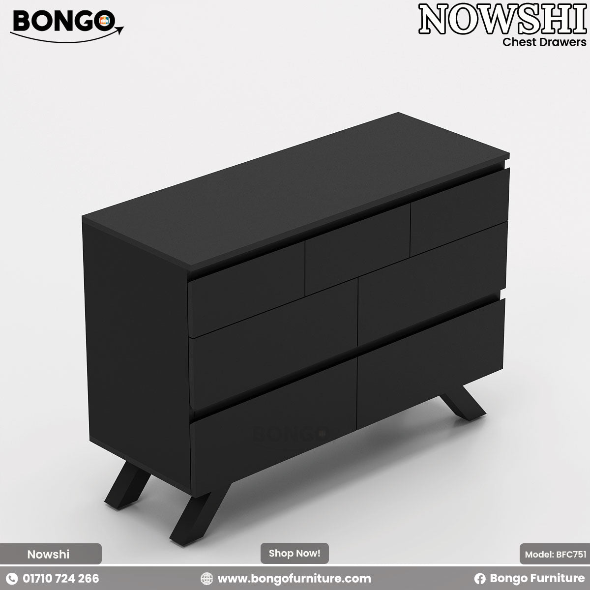 A Nowshi chest of drawers with a combination of Black color, featuring heavy-duty metal legs and a sleek design.
