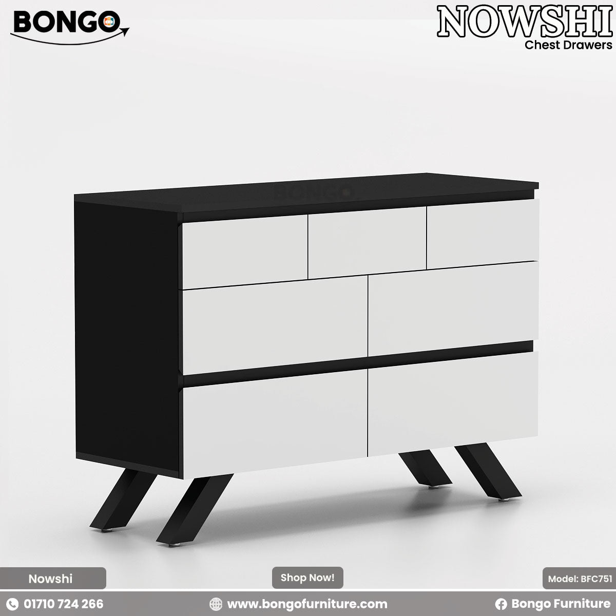A Nowshi chest of drawers with a combination of Water Resistant Strong Laminated Board and white color, featuring heavy-duty metal legs and a sleek design.