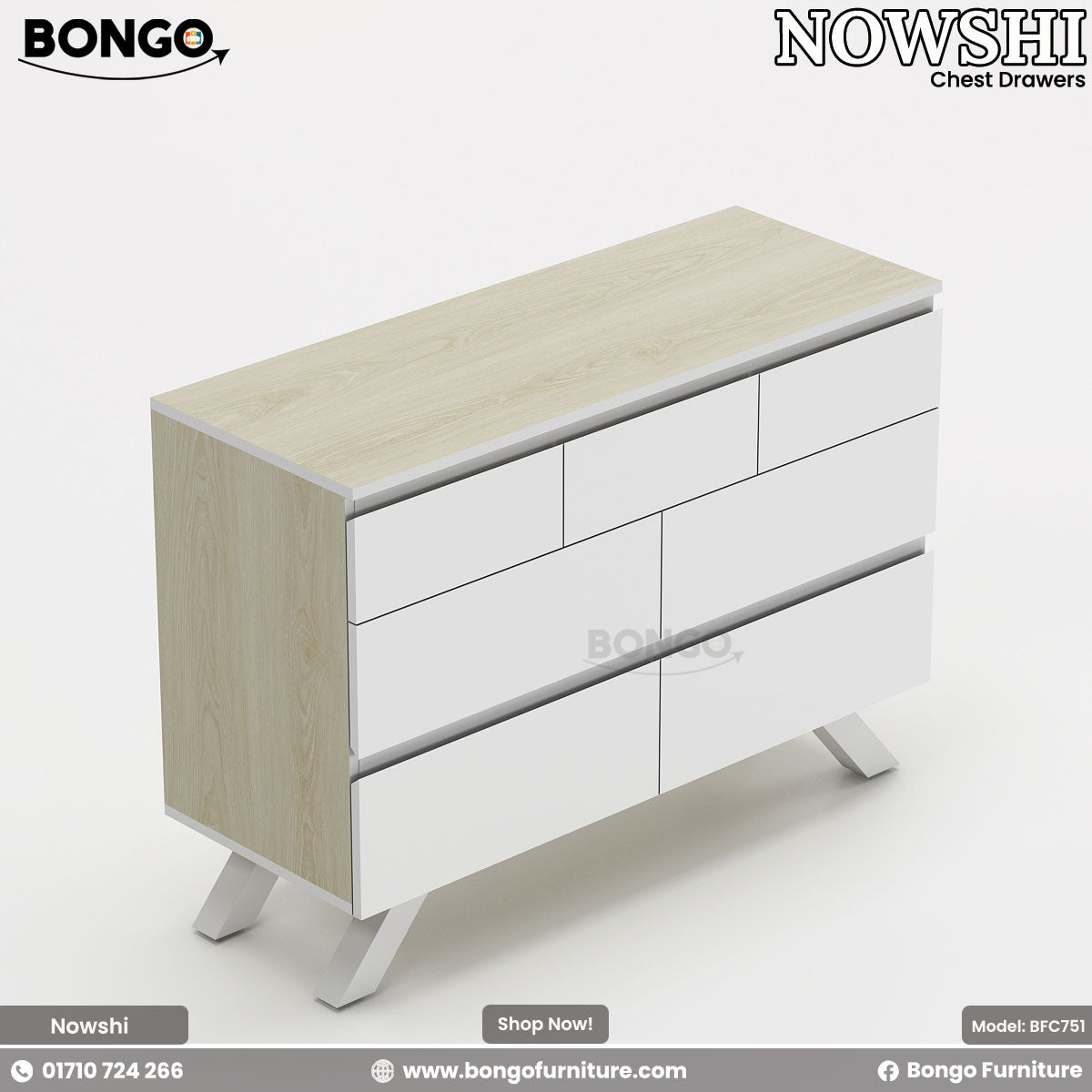 A Nowshi chest of drawers with a combination ofWater Resistant Strong Laminated Board and white color, featuring heavy-duty metal legs and a sleek design.