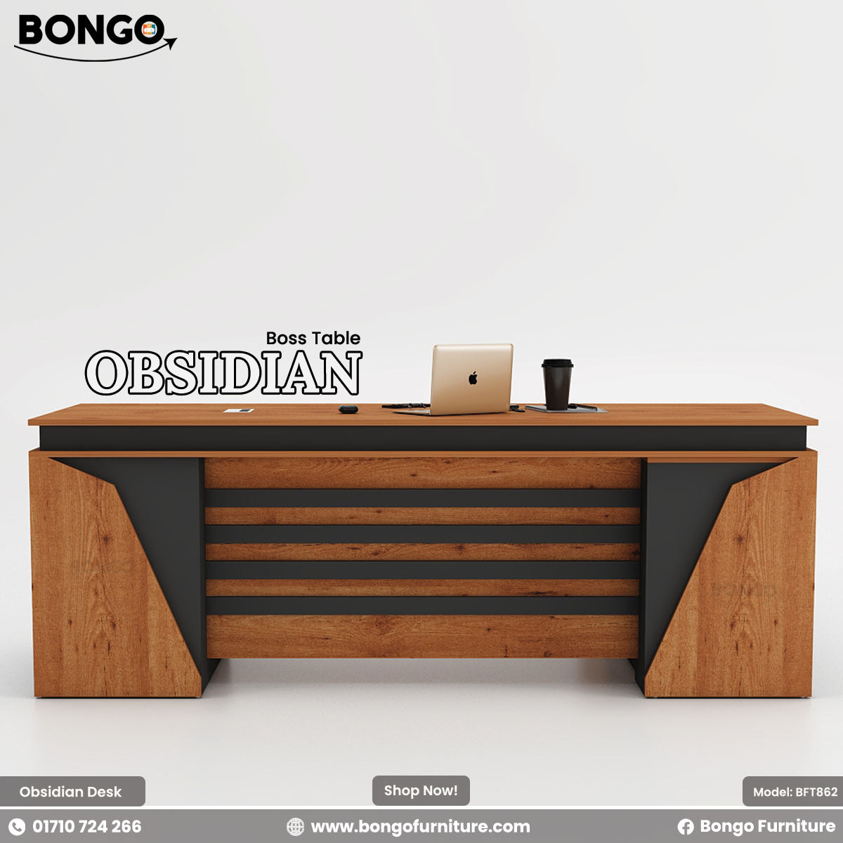 Water Resistant Strong Laminated Board desk with black accents labeled 'Obsidian' by Bongo Furniture on a white background.