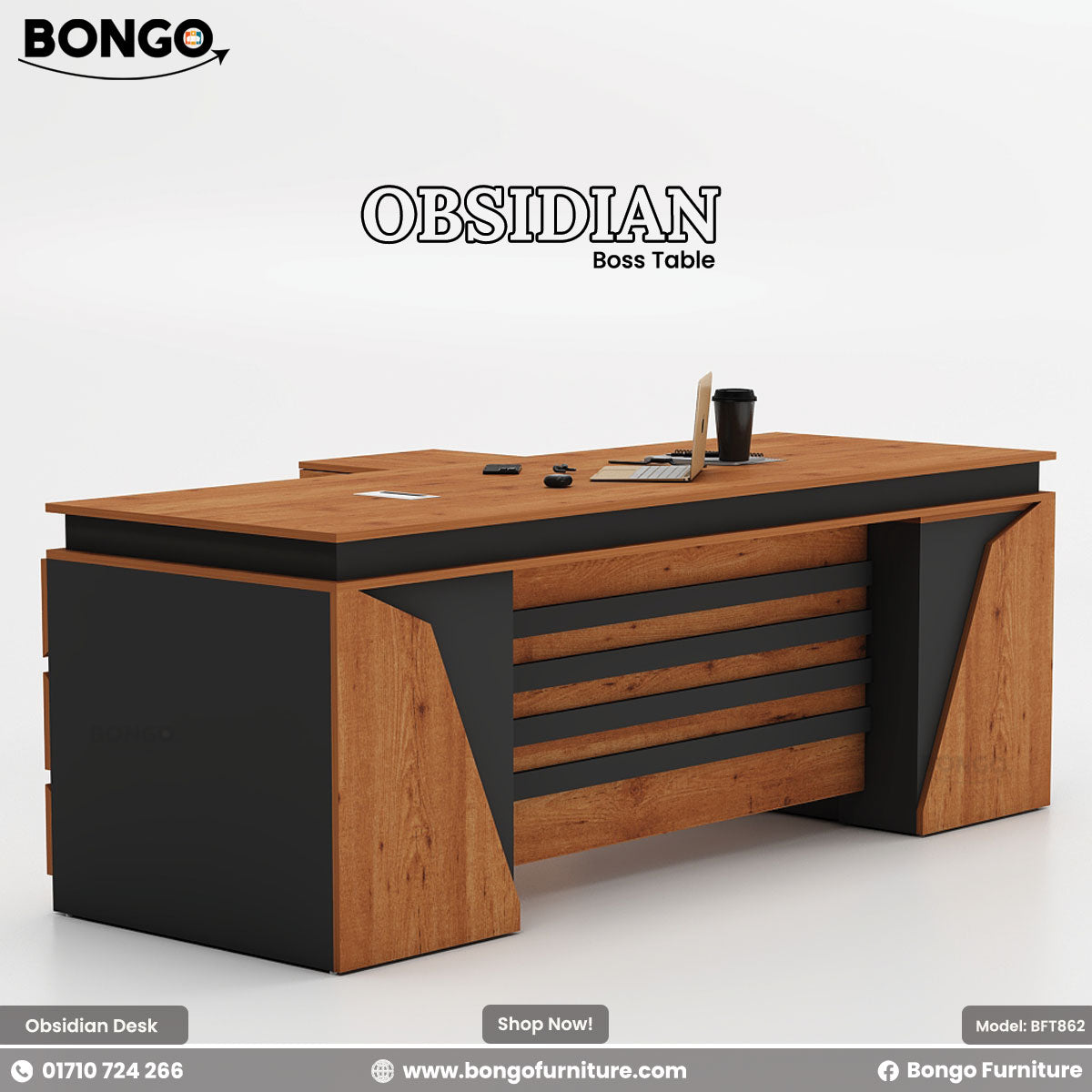 Water Resistant Strong Laminated Board office desk with black accents on a white background, featuring the Bongo Furniture brand.