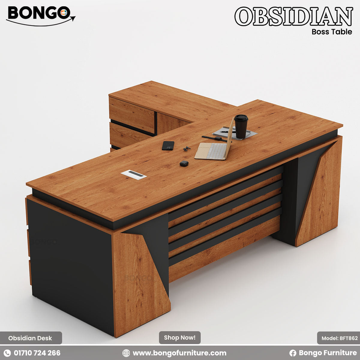 Water Resistant Strong Laminated Board office desk with black accents on a white background, featuring the Bongo Furniture brand.