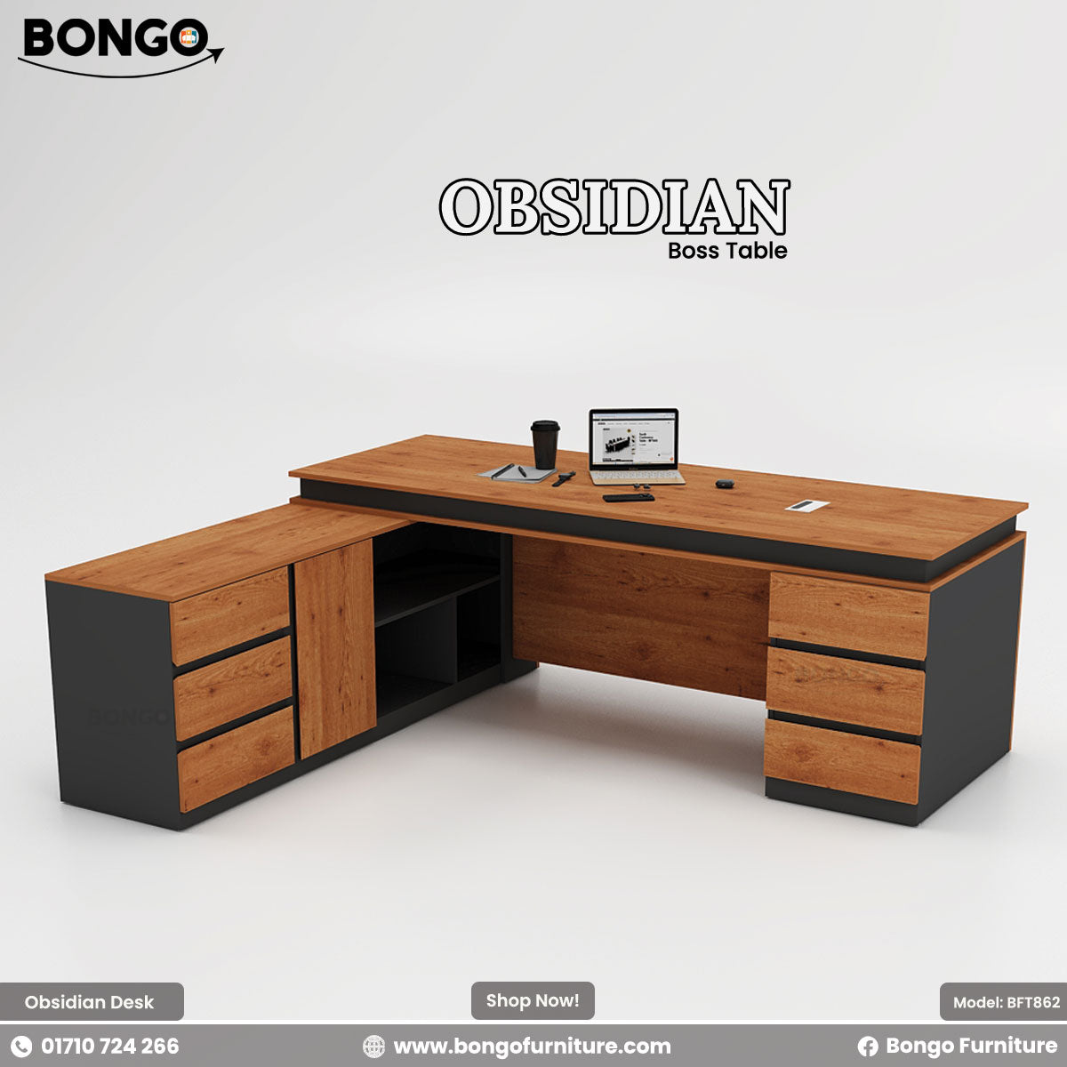 Water Resistant Strong Laminated Board desk with black accents labeled 'Obsidian' by Bongo Furniture on a white background.