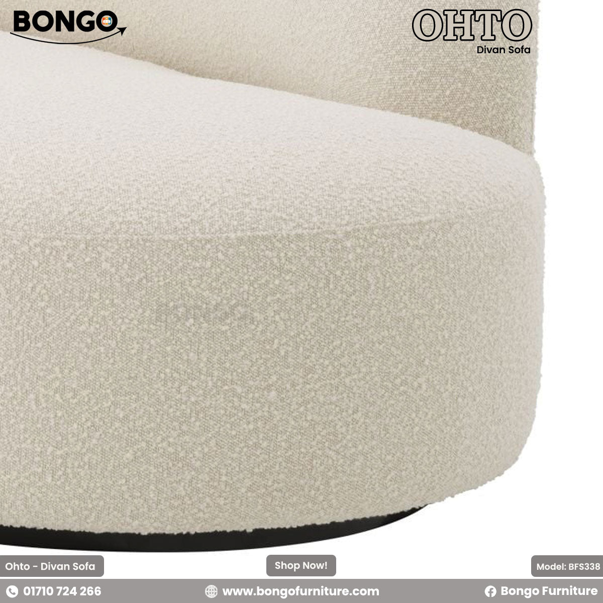 A close-up promotional image for the 'OHTO Divan Sofa' from BONGO. The shot focuses on the rich, nubby texture of the off-white boucle upholstery and highlights the sofa's soft, deeply curved, seamless form.