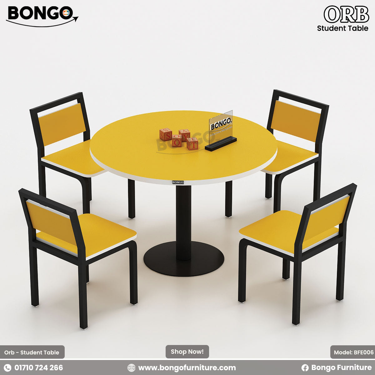 Yellow round table with four matching chairs on a white background, featuring Bongo Furniture branding.