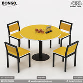 Yellow round table with four matching chairs on a white background, featuring Bongo Furniture branding.
