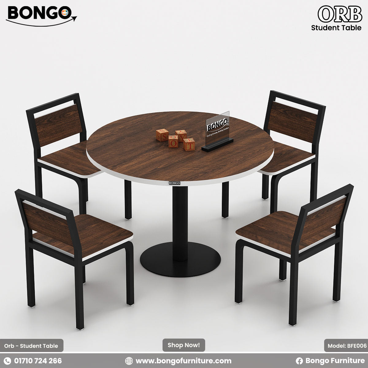 Round Water Resistant Strong Laminated Board table with four matching chairs on a white background, featuring Bongo Furniture branding.