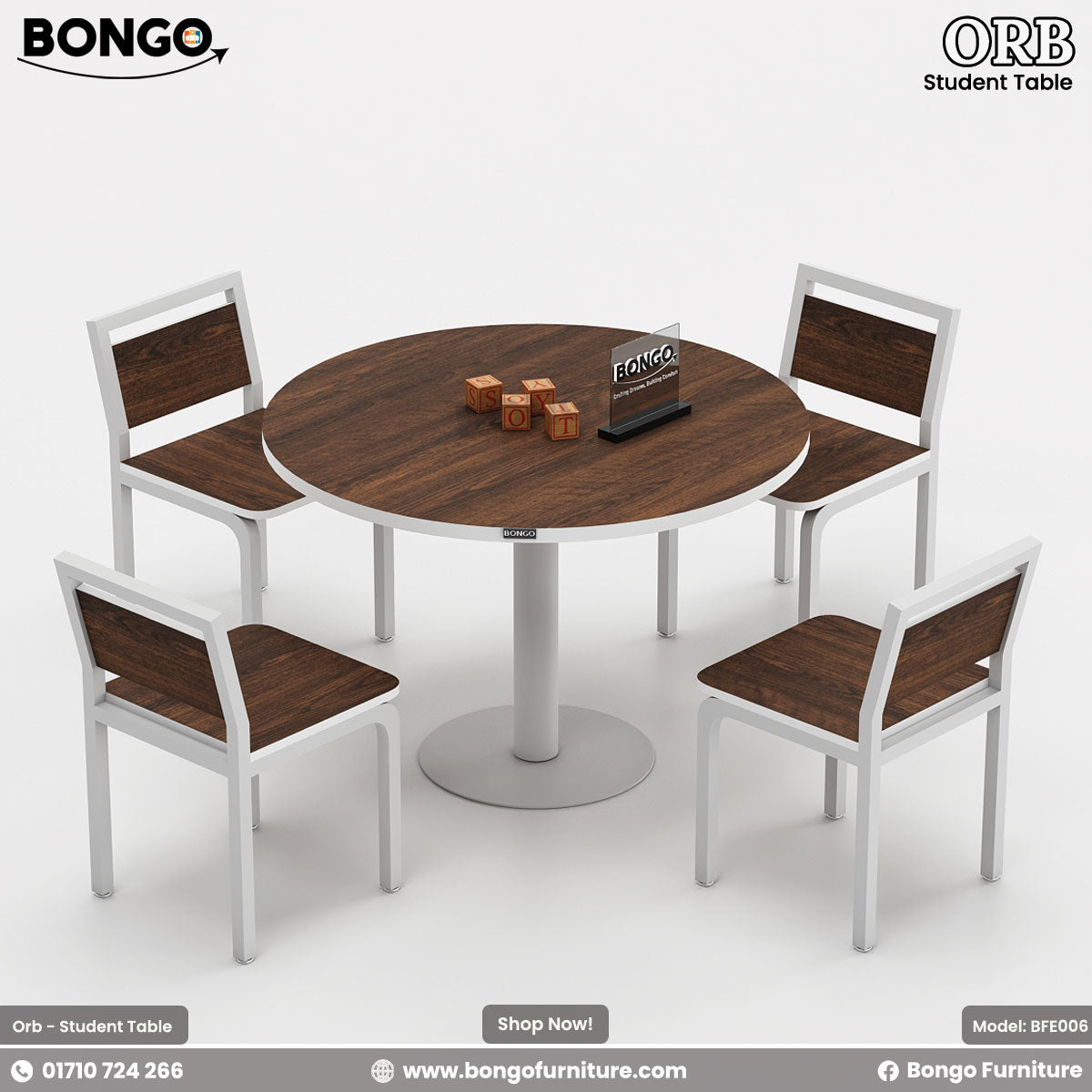 Round Water Resistant Strong Laminated Board table with four matching chairs on a white background, featuring Bongo Furniture branding.