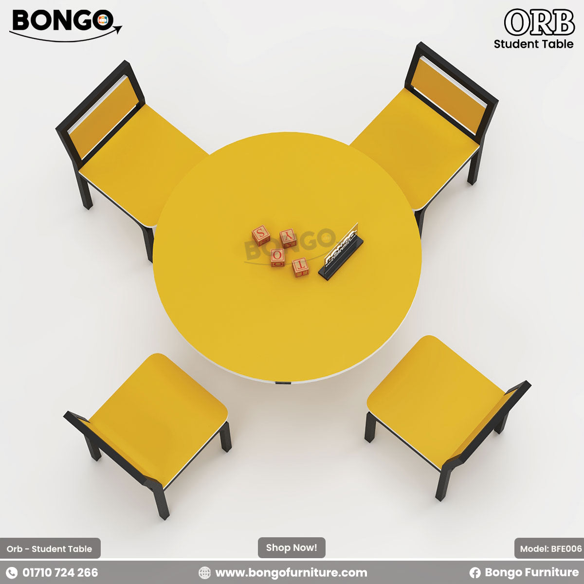 Yellow round table with four matching chairs on a white background, featuring Bongo Furniture branding.