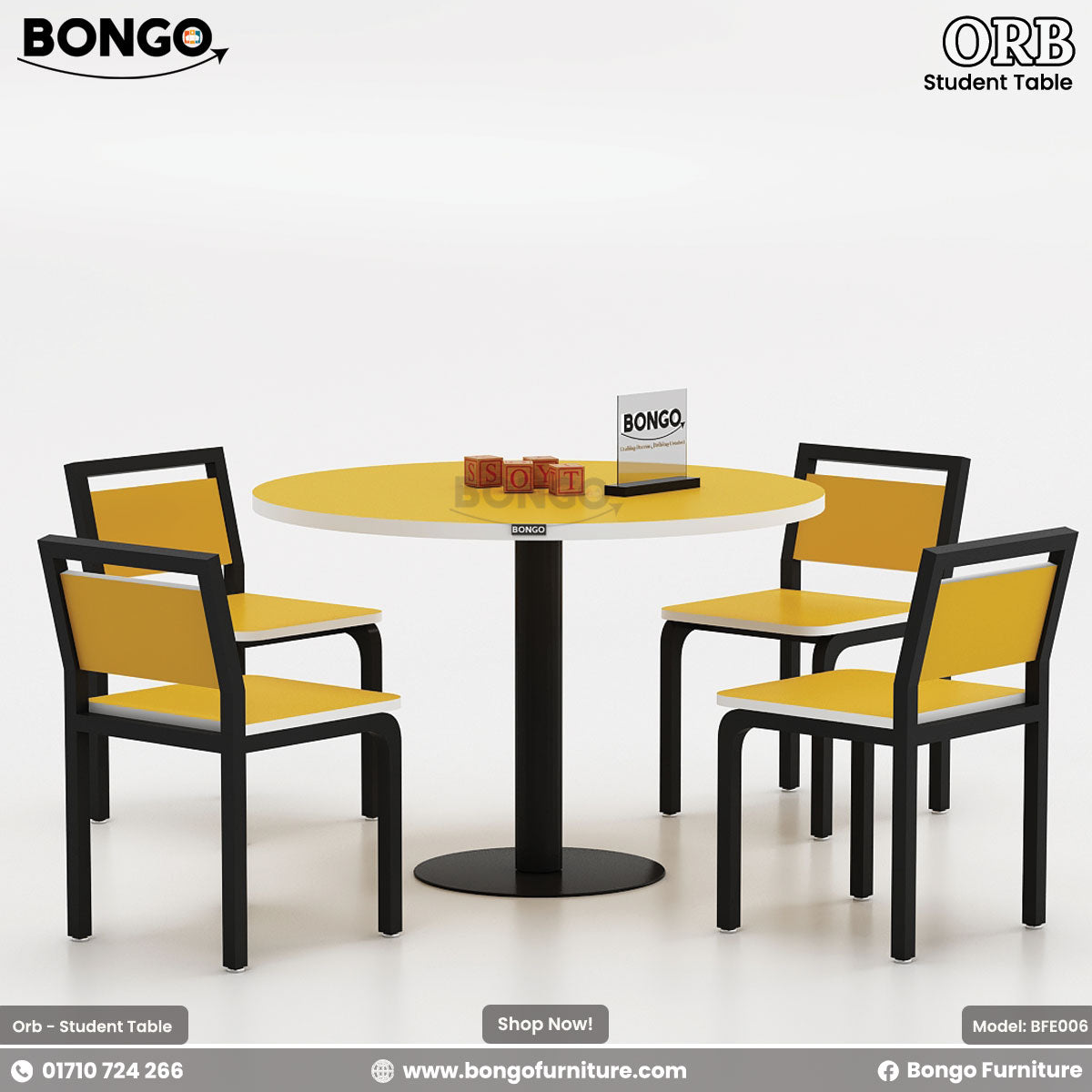 Round table with four yellow chairs on a white background, featuring Bongo Furniture branding.