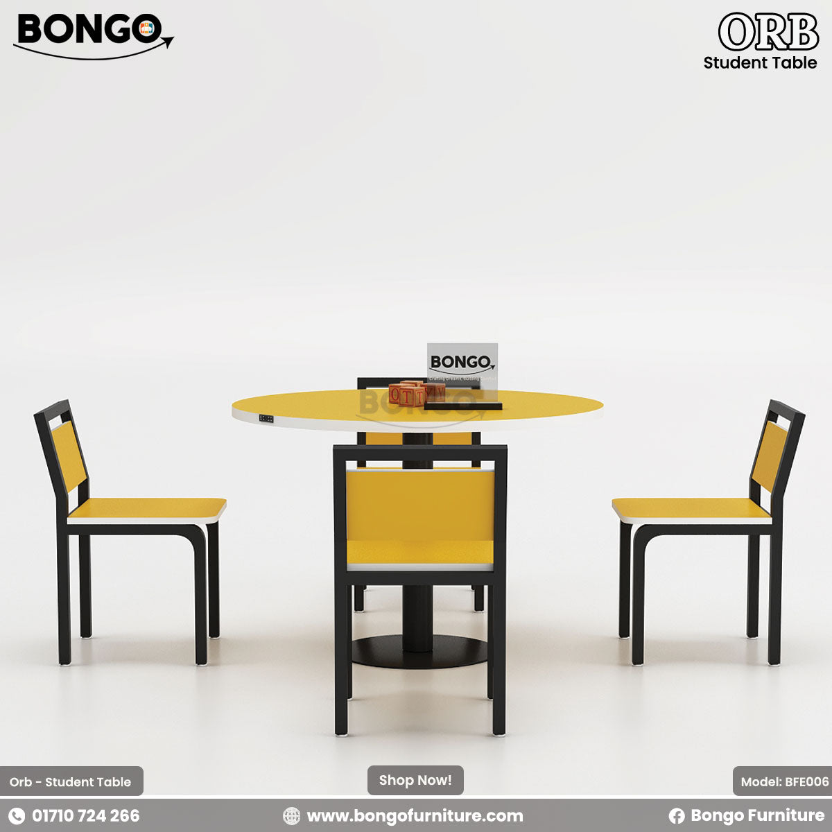 Yellow and black student table with chairs on a white background, featuring Bongo Furniture branding.