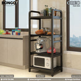 A black oven rack with multiple shelves, featuring kitchen storage units and appliances, positioned in a kitchen setting.