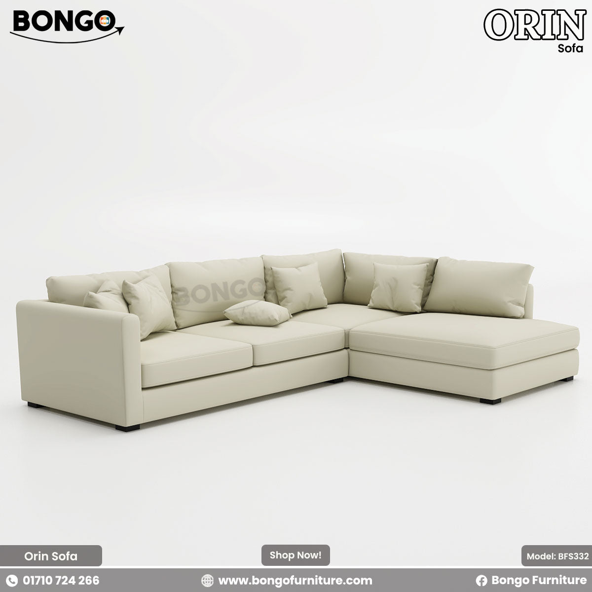 A promotional image of the 'Sofa ORIN', a large, L-shaped sectional sofa upholstered in a light cream fabric. The modern, low-profile design features slim track arms and a right-facing chaise lounge. The sofa is topped with an abundance of assorted plush pillows for a comfortable, relaxed look.