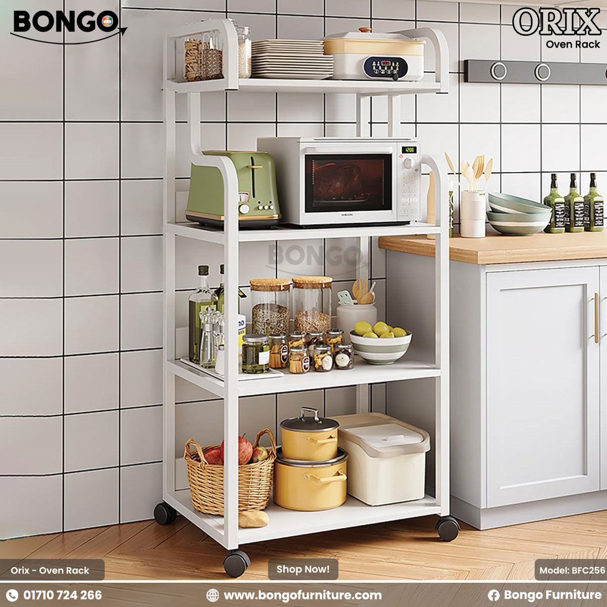 A white Orix oven rack with multiple shelves, featuring a microwave, towels, and various kitchen items arranged on it, set against a kitchen backdrop.