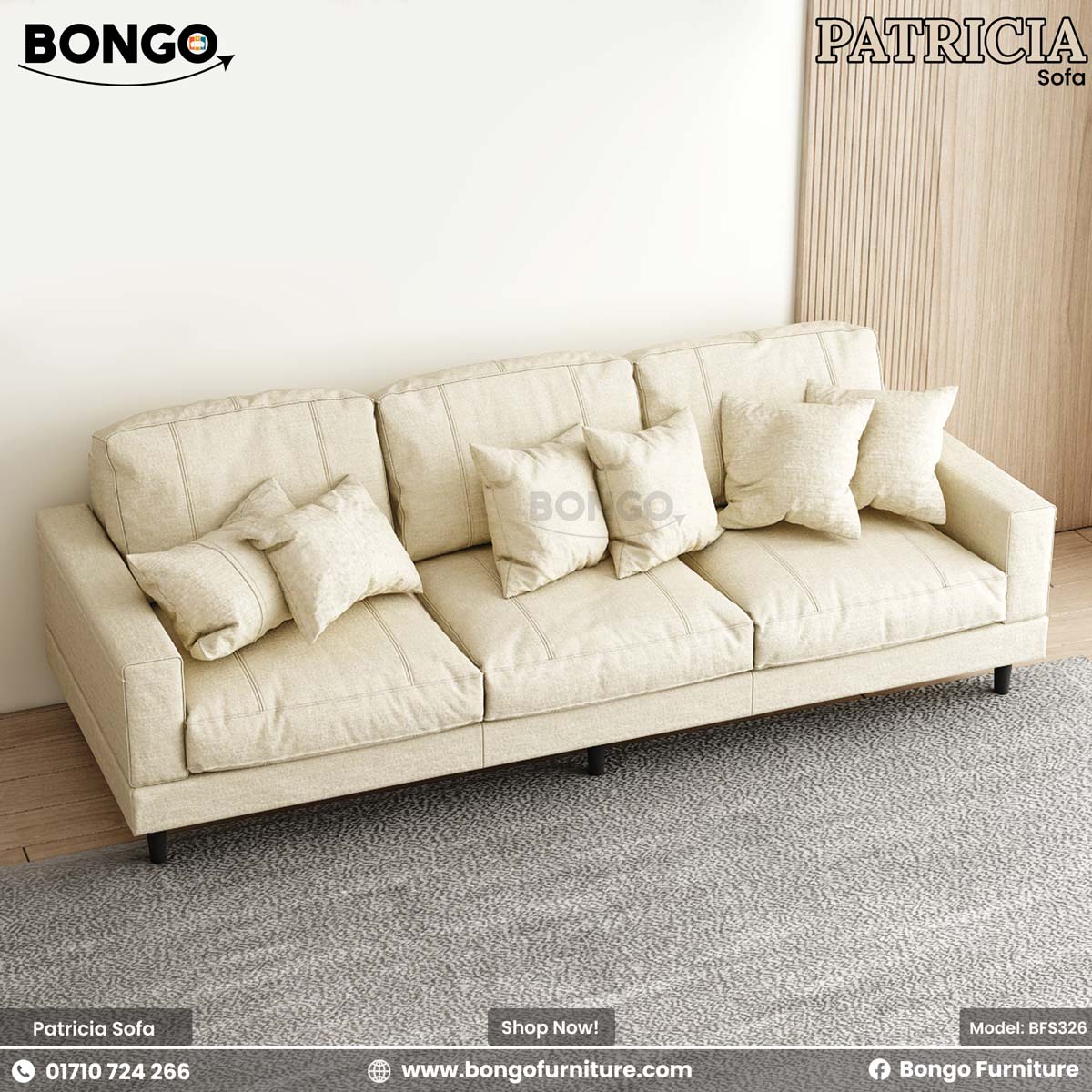A beige Patricia sofa with plush fabric upholstery and high-density foam cushions, displayed in a room setting with the Bongo Furniture logo.