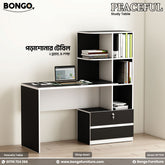 Black and white study table with books and a laptop on a plain background, featuring Bongo Furniture branding.