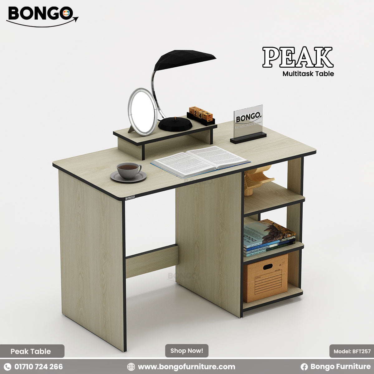 Bongo Peak Multitask Table with desk items on a white background