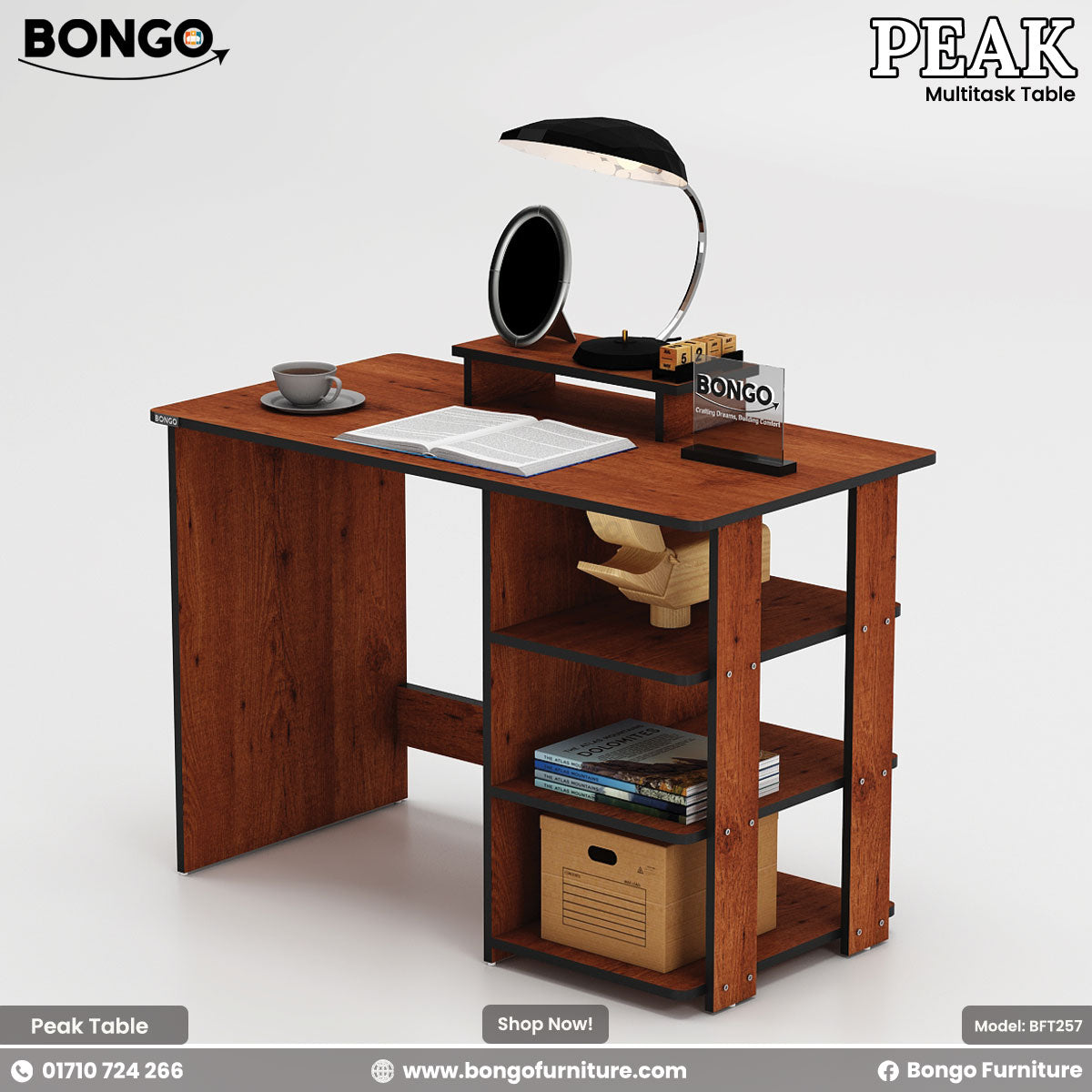 Water Resistant Strong Laminated Board desk with shelves, lamp, and office items on a white background, featuring Bongo Furniture branding.