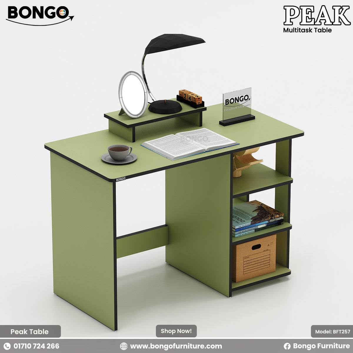 Green desk with shelves, lamp, and books on a white background, featuring Bongo Furniture branding.
