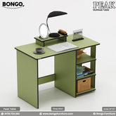Green desk with shelves, lamp, and books on a white background, featuring Bongo Furniture branding.