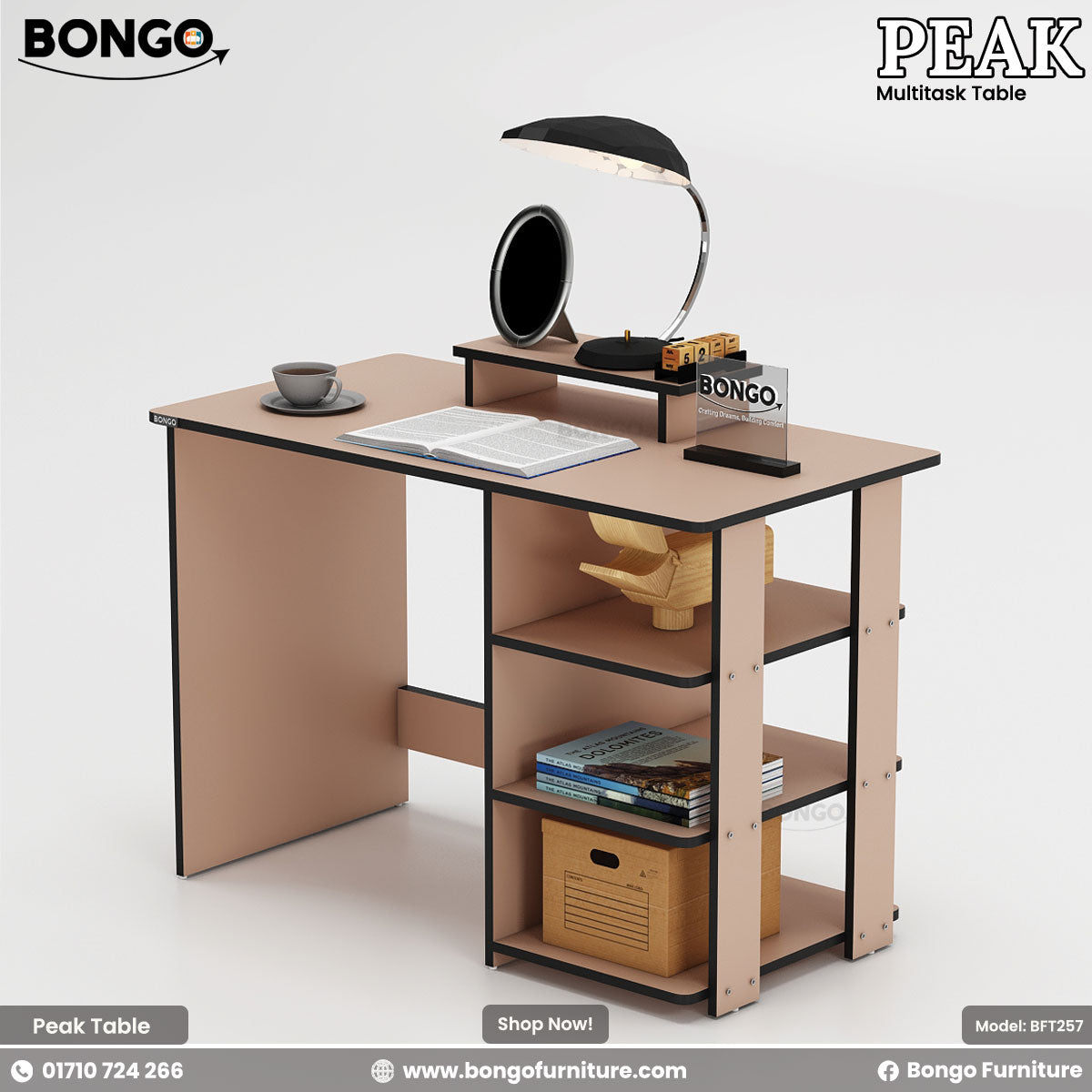 Bongo Peak multitask table with shelves and desk space on a white background