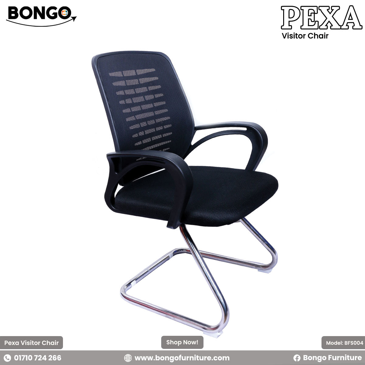 Black office chair with chrome legs on a white background, featuring Bongo and Pexa branding.
