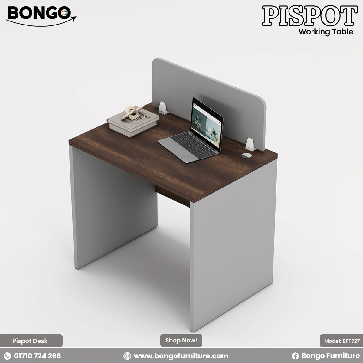 Pispot working table with a laptop and desk accessories on a white background, featuring Bongo Furniture branding.