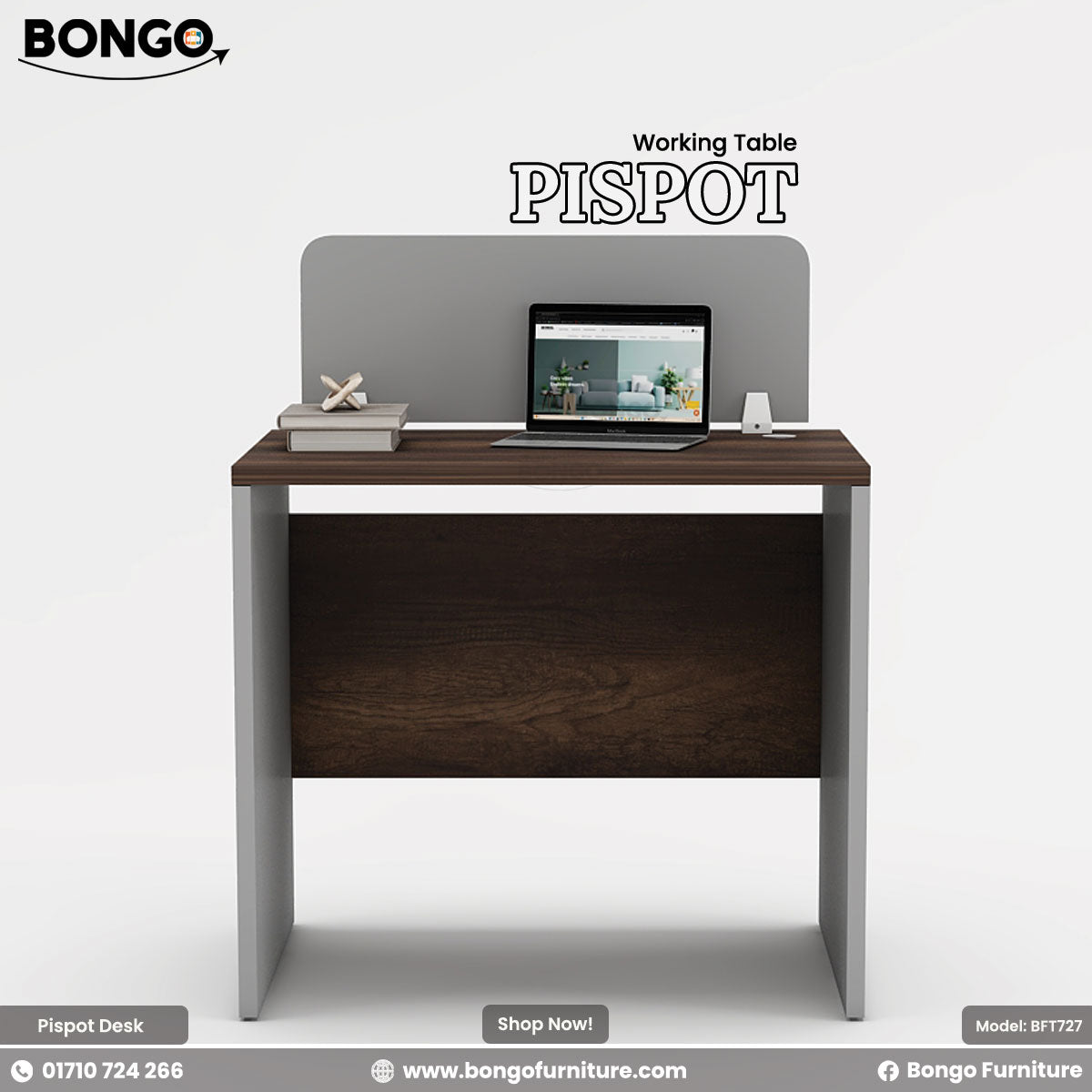 Working table with laptop and desk partition on a white background, branded as Bongo Furniture.