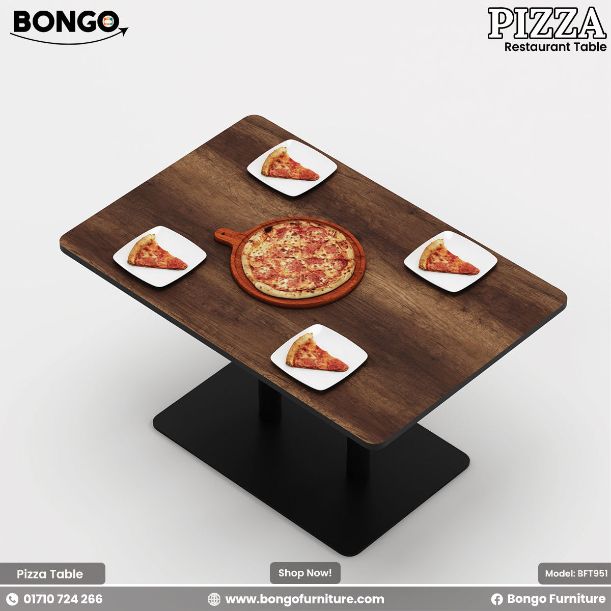 A modern restaurant booth setup, including a rectangular table and two high-backed, facing benches. The benches are upholstered in a dark gray fabric with vertical channel tufting. The table has a dark Water Resistant Strong Laminated Board top and a black pedestal base. The scene is set for a meal, with a large pizza and drinks arranged on the table.