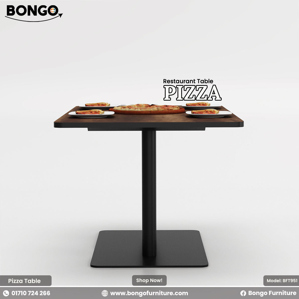 A modern restaurant booth setup, including a rectangular table and two high-backed, facing benches. The benches are upholstered in a dark gray fabric with vertical channel tufting. The table has a dark Water Resistant Strong Laminated Board top and a black pedestal base. The scene is set for a meal, with a large pizza and drinks arranged on the table.