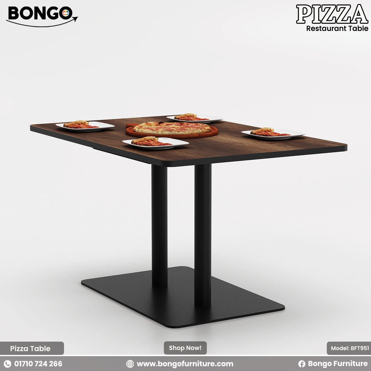 A modern restaurant booth setup, including a rectangular table and two high-backed, facing benches. The benches are upholstered in a dark gray fabric with vertical channel tufting. The table has a dark Water Resistant Strong Laminated Board top and a black pedestal base. The scene is set for a meal, with a large pizza and drinks arranged on the table.