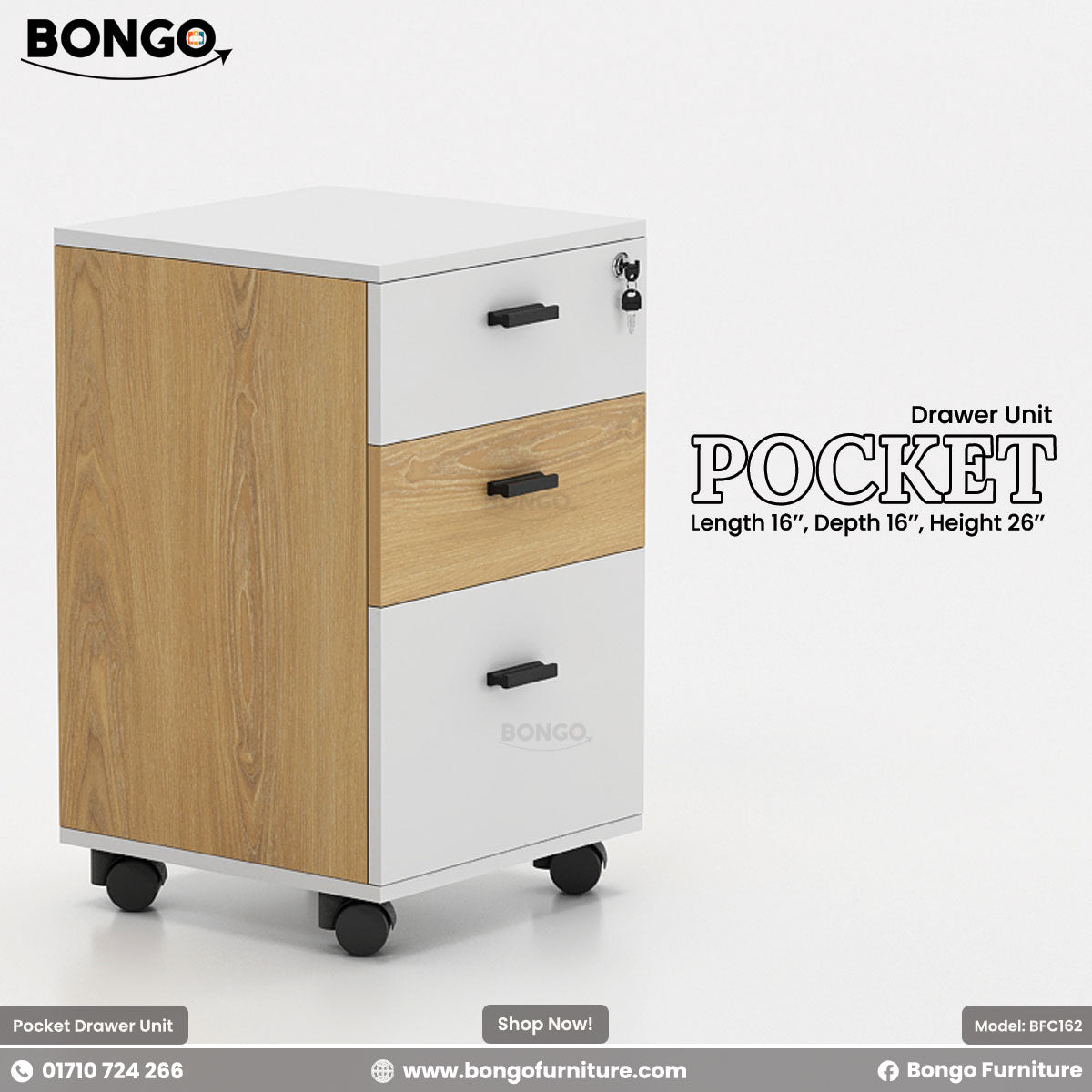 Bongo Pocket drawer unit with Red Oak and white design on a white background