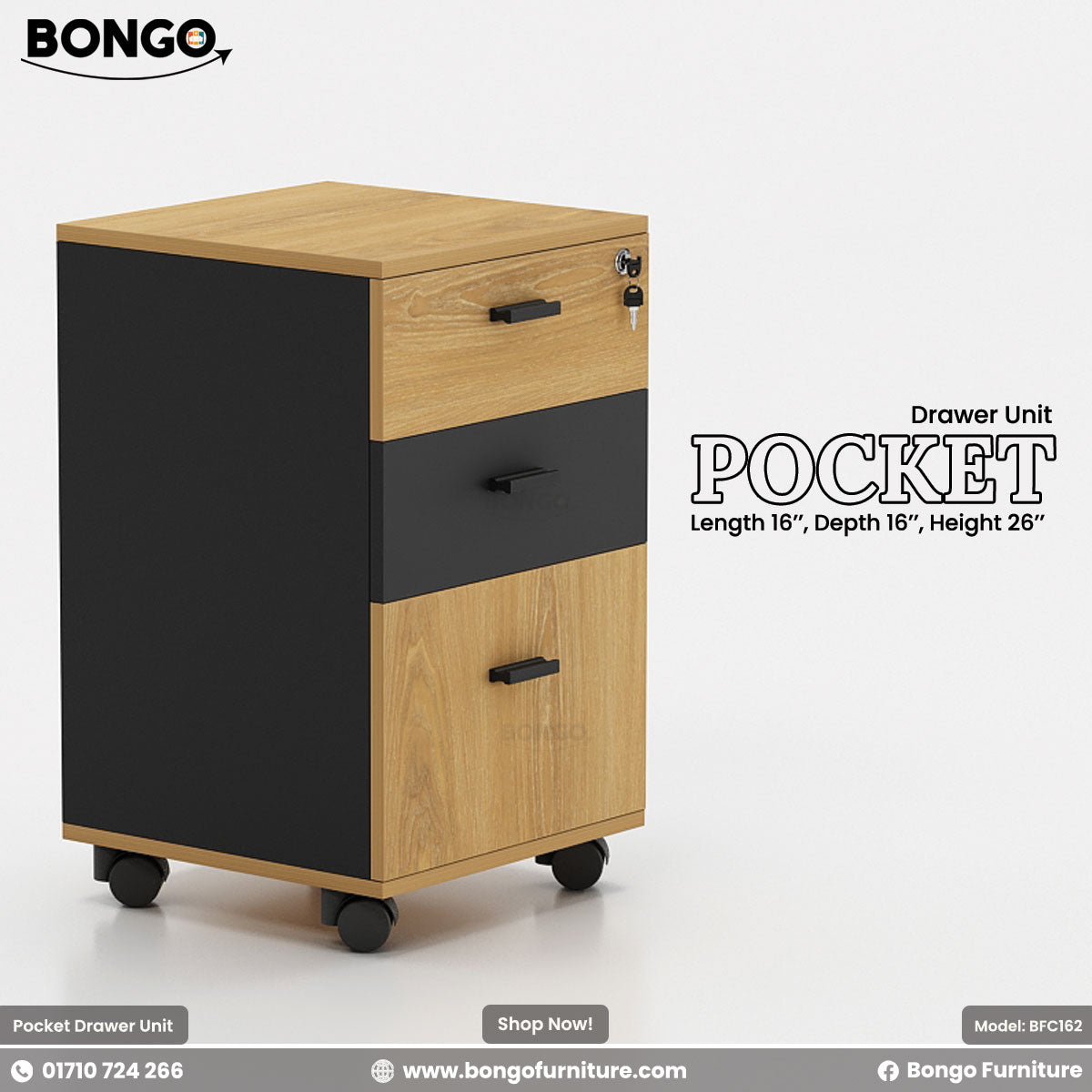 Bongo Pocket drawer unit with Red Oak top and black sides on a white background