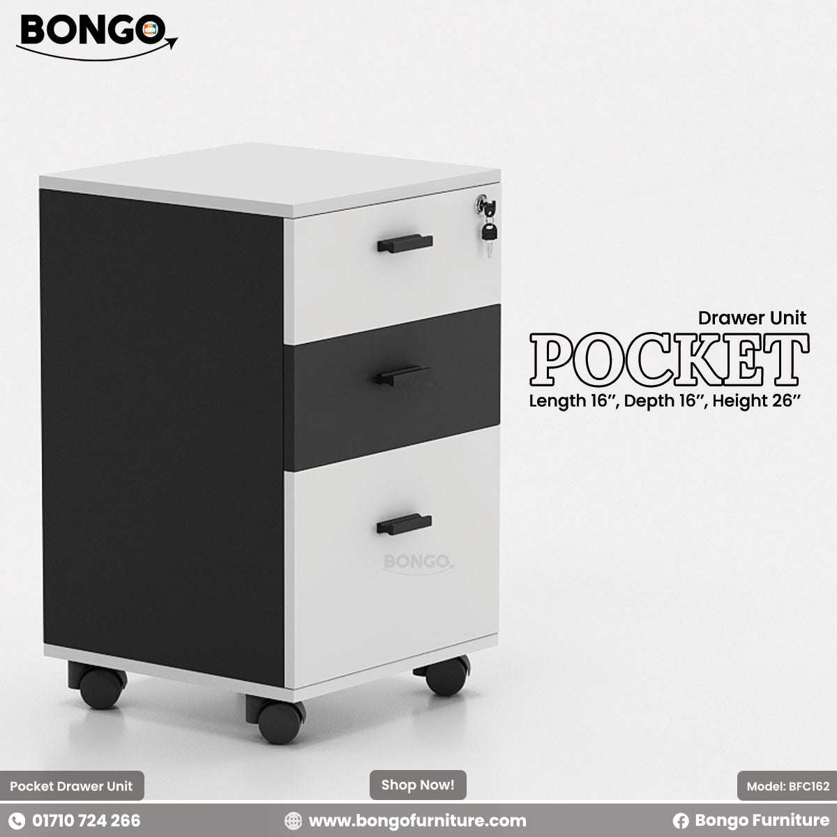 Black and white drawer unit with wheels on a white background, featuring the Bongo Furniture brand.