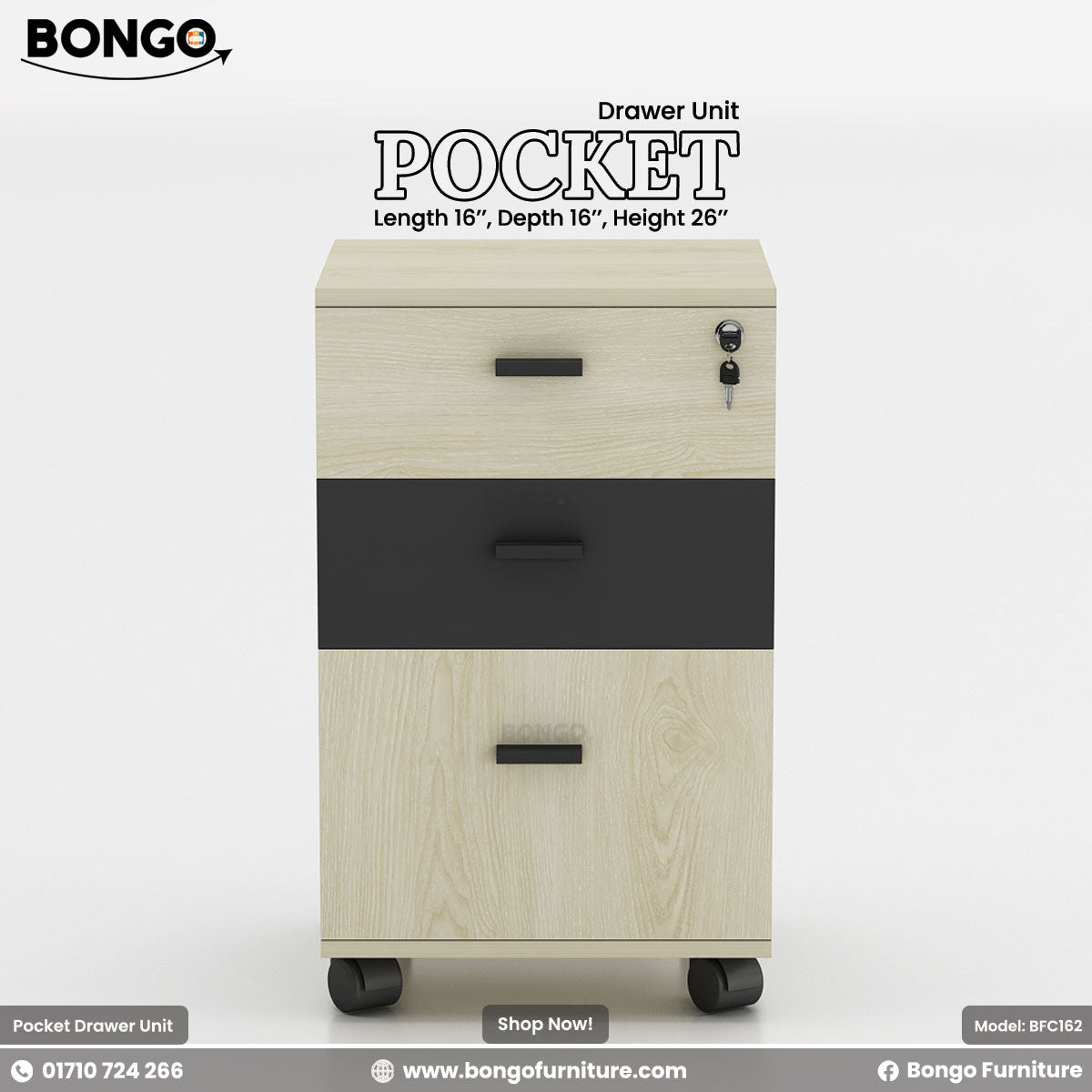 Bongo Furniture drawer unit with dimensions and product details on a white background