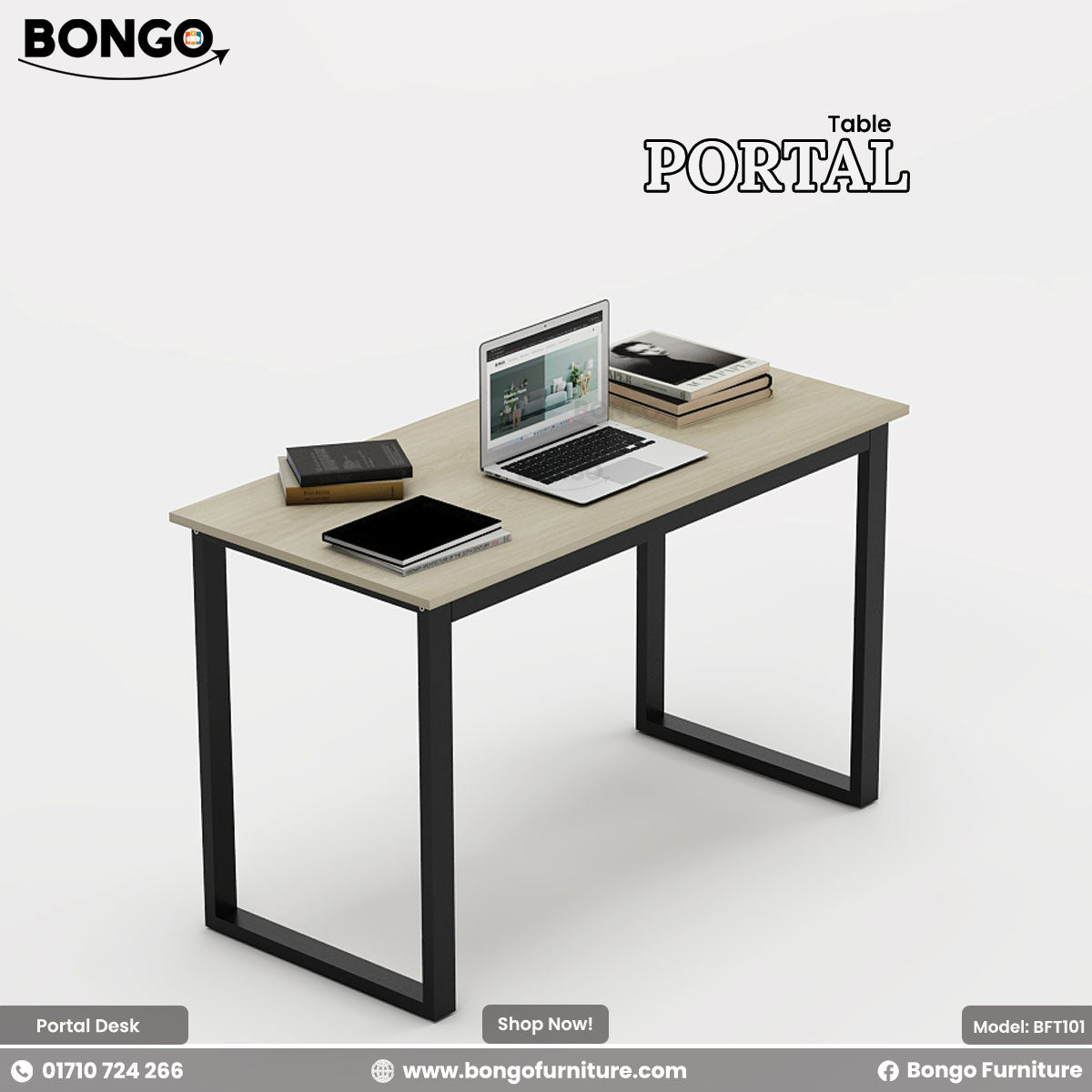 Bongo Portal desk with a laptop and tablets on a white background. This use As a peak table, industrious work desk.
