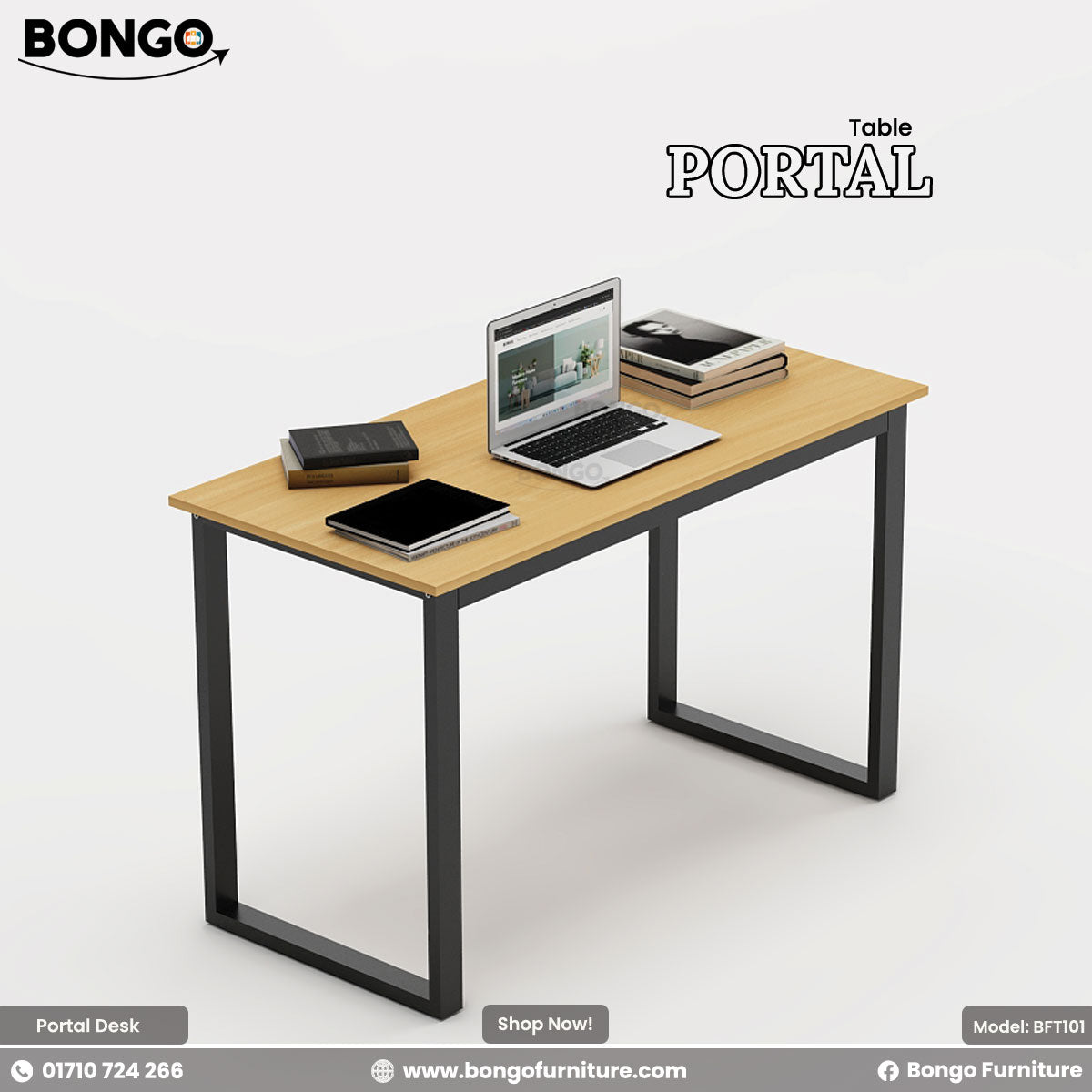 Water Resistant Strong Laminated Board desk with laptop and tablet on a white background, featuring Bongo Furniture branding. This use As a peak table, industrious work desk.