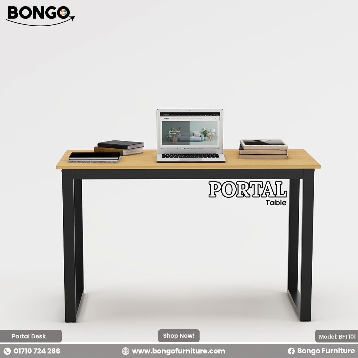 Water Resistant Strong Laminated Board desk with a laptop and books on a white background, featuring the Bongo Furniture brand. This use As a peak table, industrious work desk.